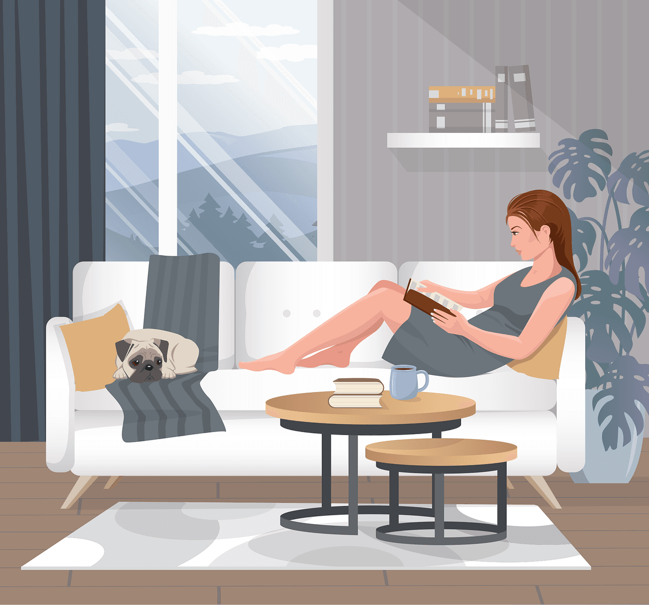 Ilustrație cu o tânără care citește liniștită pe canapea, cu un câine alături